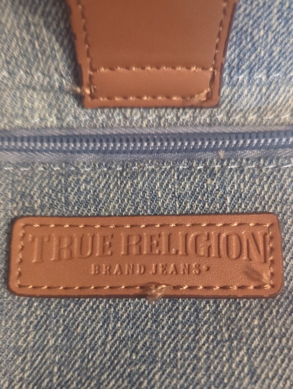 True Religion Denim Tote Bag with Brown Leather Handles. used Once No Wear - Picture 6 of 8